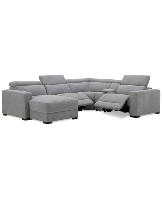 Nevio 5-Pc. Fabric Power Headrest Sectional and Chaise with 2 Power Motion Chairs
