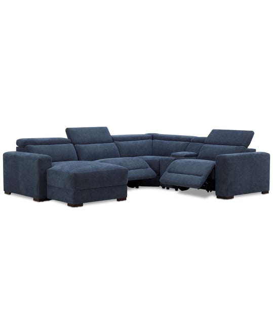 Nevio 5-Pc. Fabric Power Headrest Sectional and Chaise with 2 Power Motion Chairs