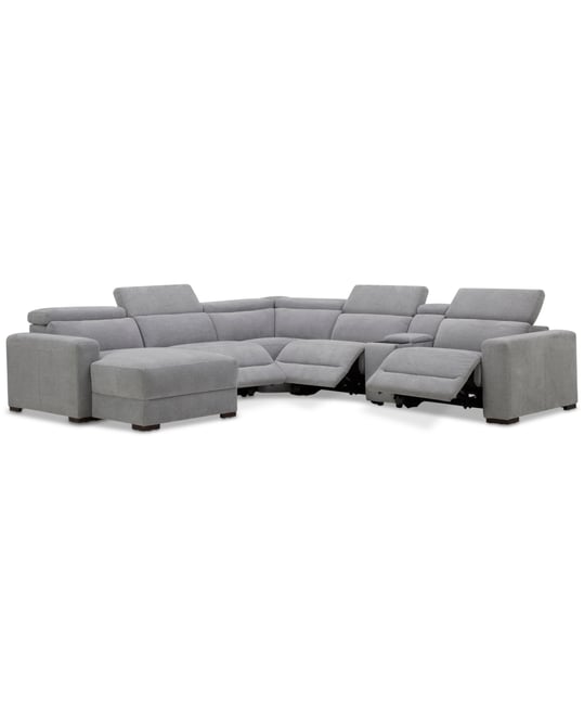 Nevio 6-Pc. Fabric Power Headrest Sectional with Chaise & Console and 3 Power Motion Chairs