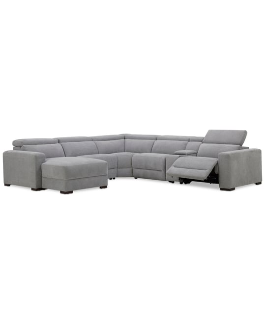 Nevio 6-Pc. Fabric Power Headrest Sectional with Chaise & Console and 1 Power Motion Chair