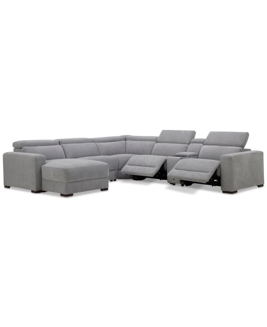 Nevio 6-Pc. Fabric Power Headrest Sectional with Chaise & Console and 2 Power Motion Chairs