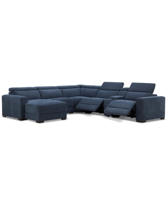 Nevio 6-Pc. Fabric Power Headrest Sectional with Chaise & Console and 2 Power Motion Chairs