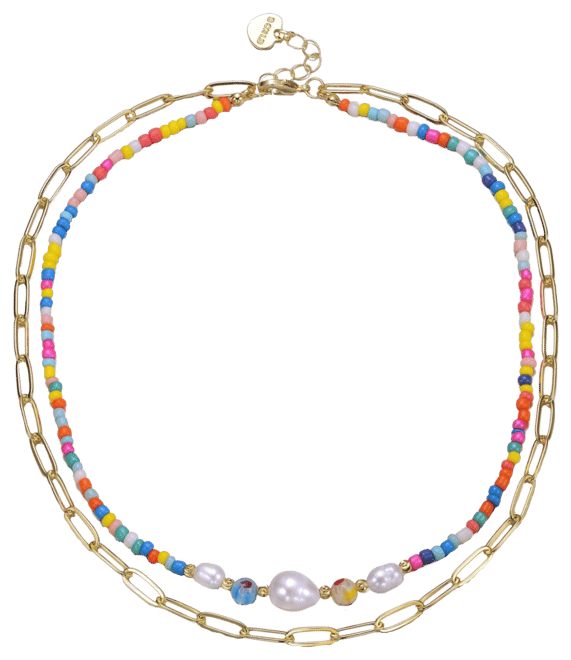 14k Yellow Gold Plated Multi-Color Beads Bracelet with Freshwater Pearls and an Outer Link Chain for Kids
