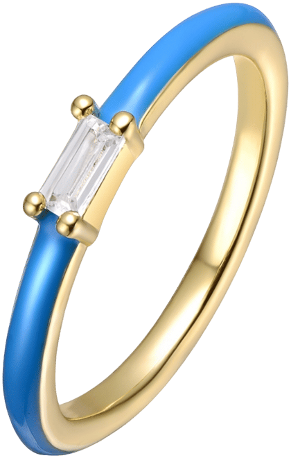 Kids/Teens 14k Yellow Gold Plated with Cubic Zirconia Baguette Solitaire Magenta-Blue Enamel Slim Stacking Ring
