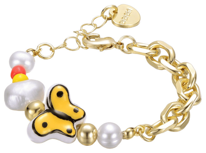 14k Yellow Gold Plated Multi Color Beads bracelet with Freshwater Pearls and a Butterfly Charm for Kids