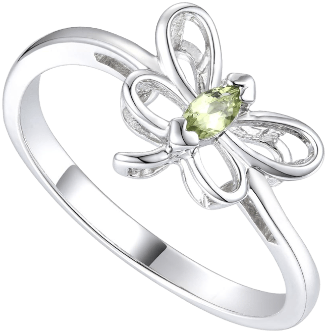 Sterling Silver White Gold Plated with Light Green Tourmaline Cz Butterfly Ring for Kids/Teens