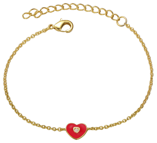 14k Yellow Gold Plated Adjustable Bracelet with Heart Charm and Red Enamel for Kids