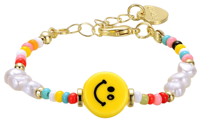 14k Yellow Gold Plated Multi Color Beads Bracelet with Freshwater Pearls and a Smiley Charm for Kids
