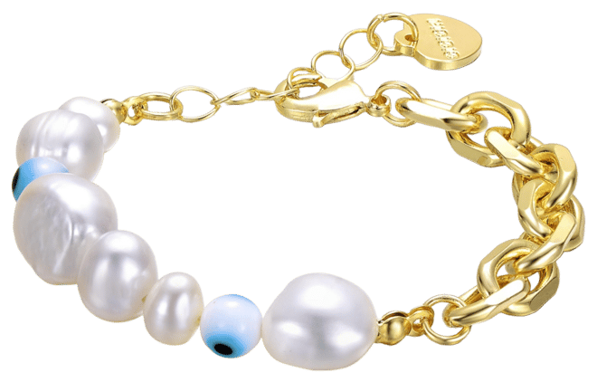 14k Yellow Gold Plated Bracelet with Freshwater Pearls, Eye Pattern Beads, and Cable Chain for Kids