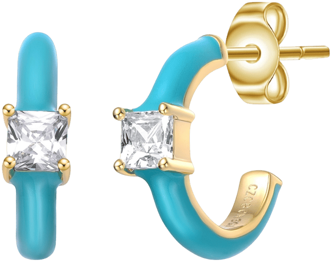 14k Yellow Gold Plated with Cubic Zirconia Blue Turquoise Enamel C-Hoop Earrings for Kids
