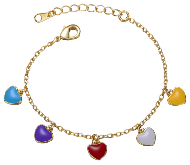 14k Yellow Gold Plated Adjustable Bracelet with Multi-Colored Enameled Heart Charms for Toddler/Kids