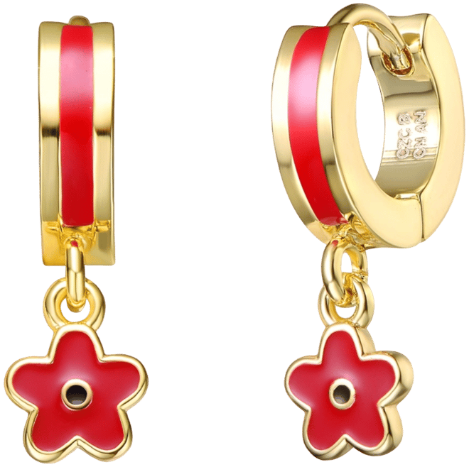 14k Yellow Gold Plated Red Enamel Dangle Flower Earrings for Toddler/Kids