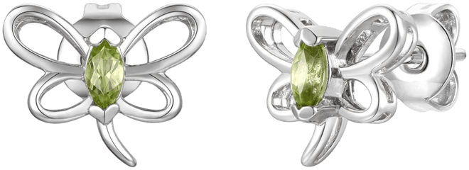 Sterling Silver White Gold Plated with Light Green Tourmaline Cz Butterfly Stud Earrings