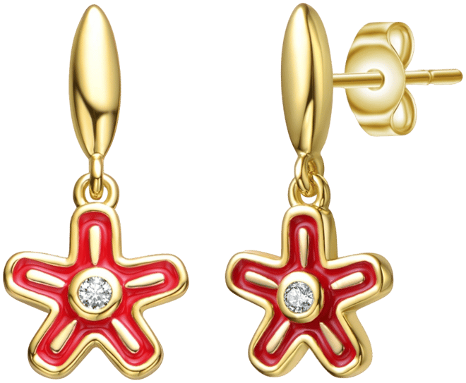 Kids 14k Gold Plated Red Enamel Dangle Star Flower Earrings