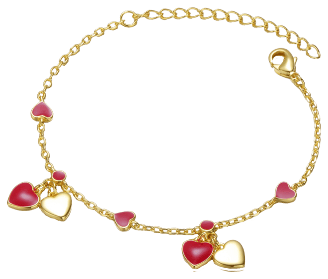 Kids 14k Gold Plated Red Enamel Dangle Heart Charm Bracelet for Toddler/Kids