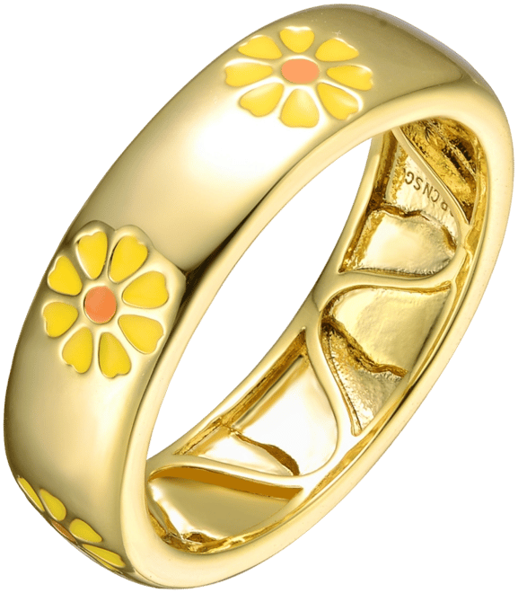 14k Yellow Gold Plated with Yellow & Orange Enamel Daisy Stacking Band Ring for Kids/Teens