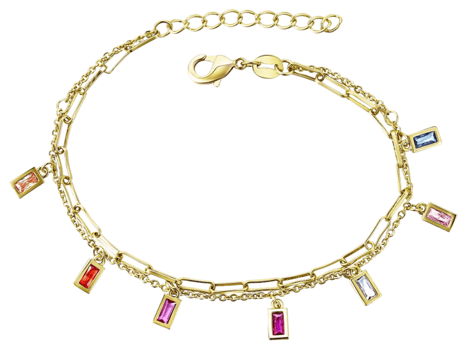 14k Gold Plated with Rainbow Multi-Color Cubic Zirconia Adjustable Birthstone Charm Bracelet