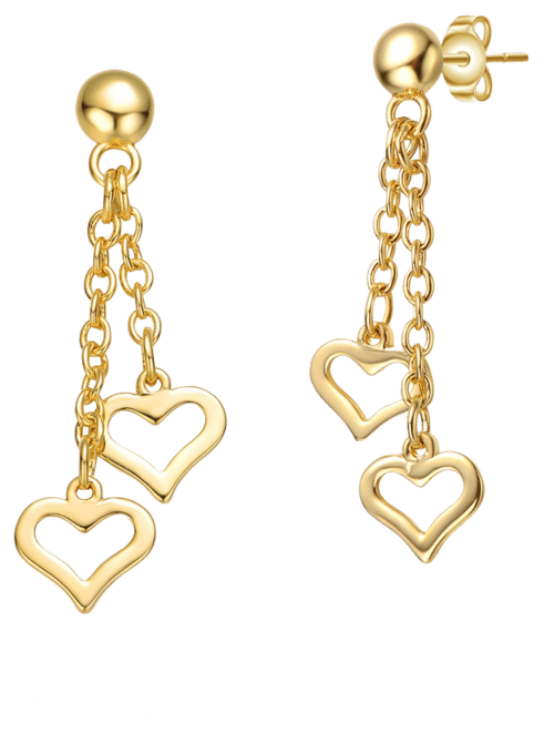 Kids 14k Yellow Gold Plated Double Heart Halo Dangle Chain Drop Earrings