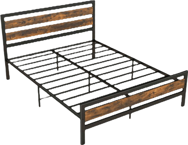Queen Industrial Bed Frame with Rustic Headboard and Footboard-Queen Size