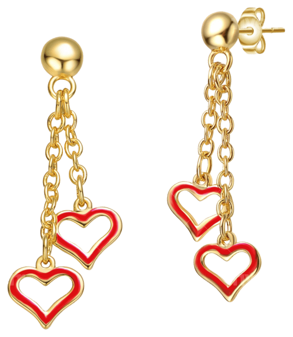 Kids 14k Yellow Gold Plated Double Heart Halo Dangle Chain Drop Earrings