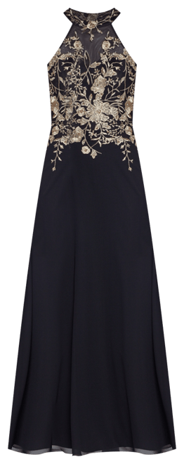 Petite Sleeveless Floral-Applique Illusion Gown