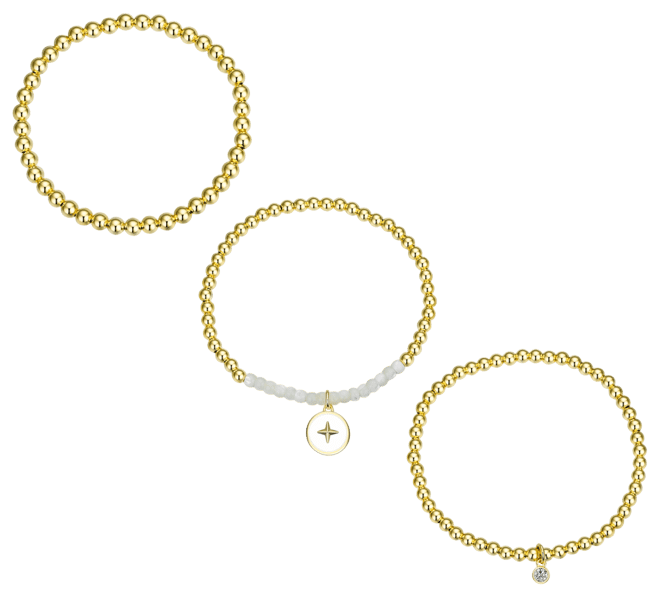 White Enamel Cubic Zirconia and Mother of Pearl Star Beaded Stretch Bracelet Set