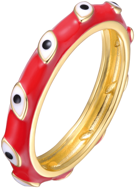 Kids/Teens 14k Yellow Gold Plated Red Bamboo White Evil Eye Enamel Slim Stacking Band Ring