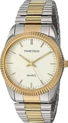 Men's Two Tone Expansion Watch with Stretch Bracelet and Ribbed Coin Edge Bezel