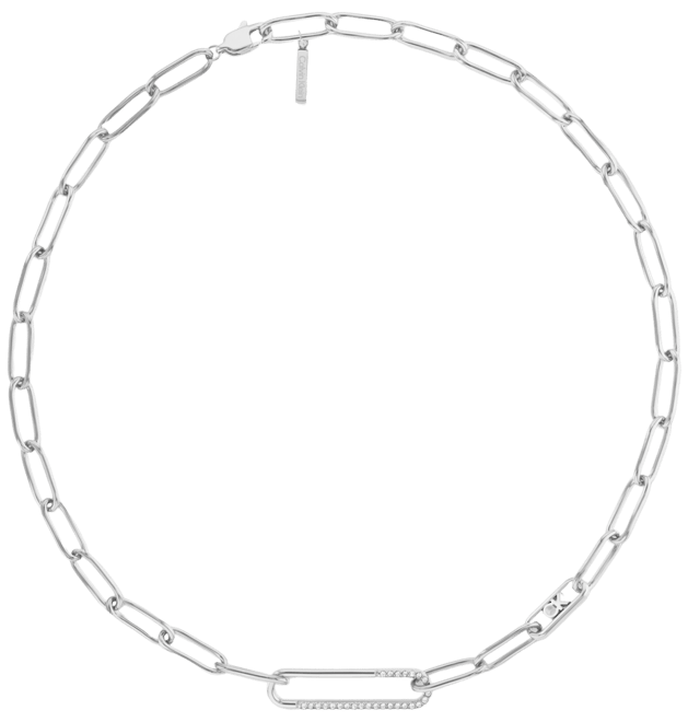 Stainless Steel Pave & Logo Link Collar Necklace, 16" + 2" extender