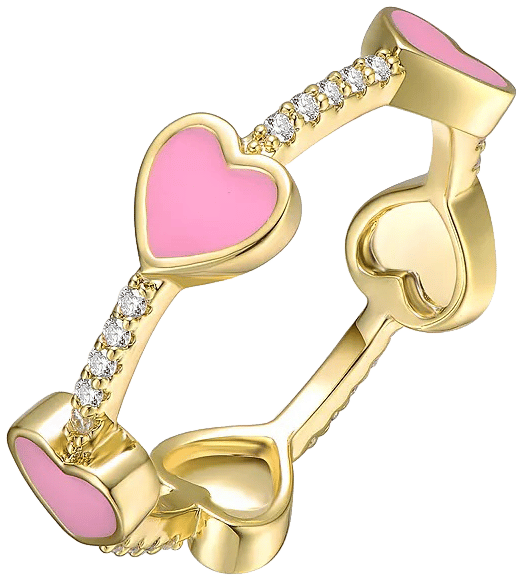 Kids/Teens 14k Yellow Gold Plated with Cubic Zirconia Pink Enamel Heart Stacking Ring
