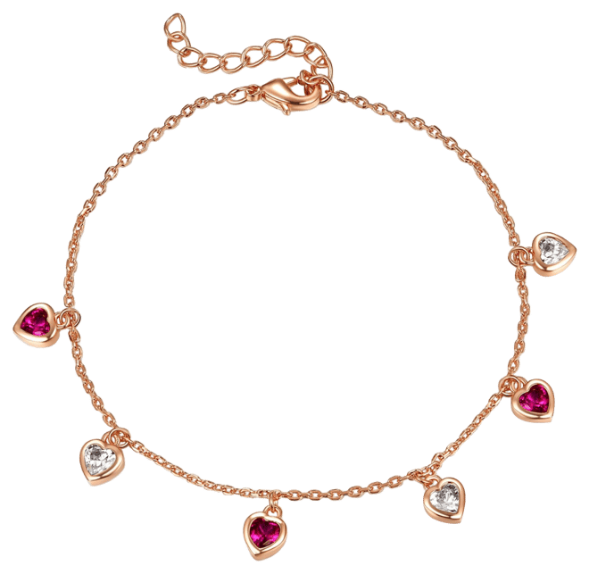 18k Rose Gold Plated with Red & White Cubic Zirconia stones Heart Dangle Charm Adjustable Bracelet