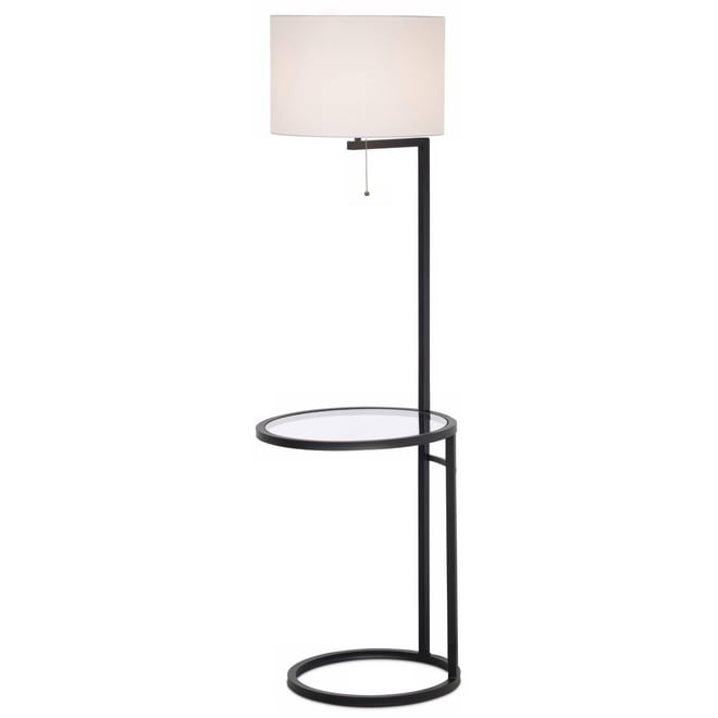Space Saver Modern Floor Lamp with Tray Table 62" Tall Black Metal White Fabric Drum Shade for Living Room Bedroom Office House Home