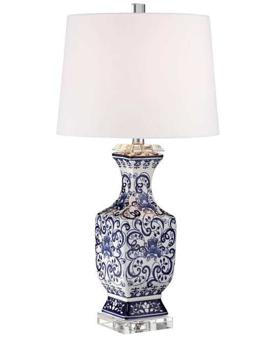 Iris Vintage Style Table Lamp 28" Tall Blue White Floral Geneva with Table Top Dimmer White Drum for Bedroom Living Room Bedside O