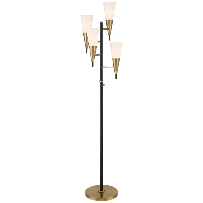 Quatro Mid Century Modern Tree Floor Lamp 71" Tall Black Gold Metal 4 Light Frosted Glass Cone Shade for Living Room Bedroom