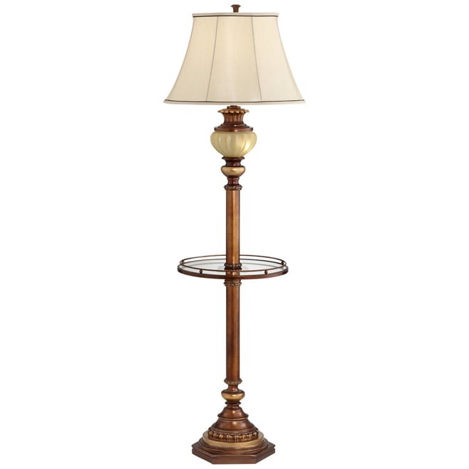 Hyde Park Rustic Vintage like Floor Lamp with Nightlight Glass Tray 65" Tall Bronze Gold Metal Pearl White Frosted Glass Fabric Bell Shade for Li