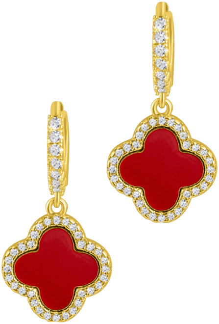 Gold Crystal Halo Colored Clover Dangle Huggie Earrings