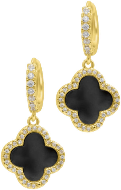 Gold Crystal Halo Colored Clover Dangle Huggie Earrings