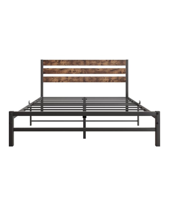 Queen Size Platform Bed Frame With Rustic Vintage Wood Headboard, Strong Metal Slats Support