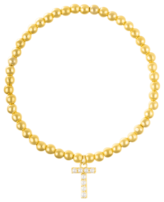 Gold Stretch Bead Imitation Pearl Letter Bracelet