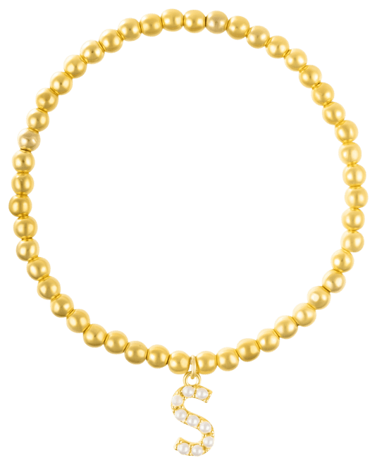 Gold Stretch Bead Imitation Pearl Letter Bracelet