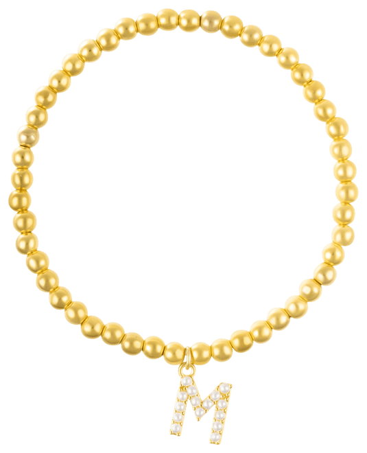 Gold Stretch Bead Imitation Pearl Letter Bracelet