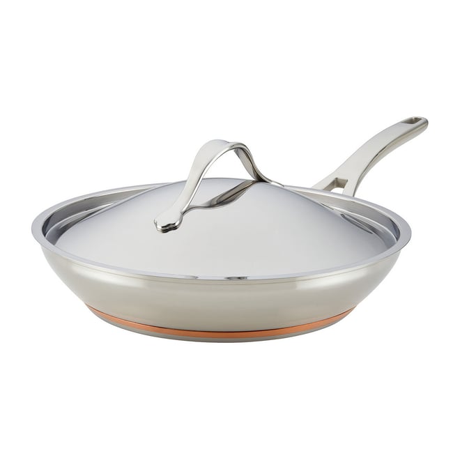 Anolon Nouvelle Stainless Stainless Steel Frying Pan / Fry Pan / Stainless Steel Skillet with Lid - 12 Inch, Silver