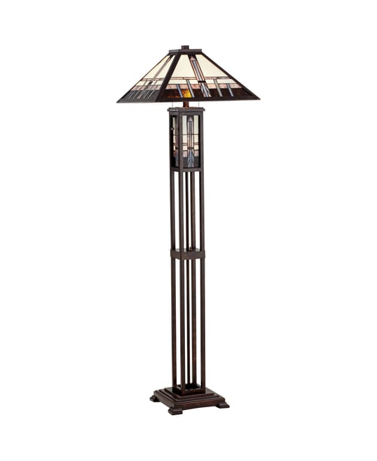 Mission Rustic Floor Lamp 60 1/2" Tall Oiled Bronze with Nightlight Geometric Stained Art Glass Shade for Living Room Bedroo