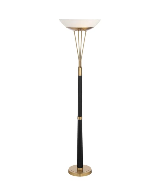 Ventura Mid Century Modern Torchiere Floor Lamp Standing Led 75" Tall Black Antique Brass Gold Metal Frosted Glass Bowl Shade for