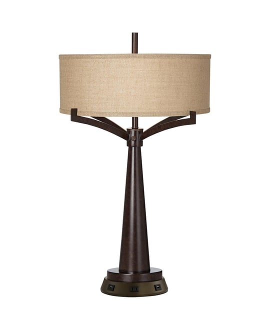 Rustic Farmhouse Table Lamp 31 1/2" Tall with Usb Power Outlets in Base Bronze Burlap Drum Shade for Bedroom Living Room Beds