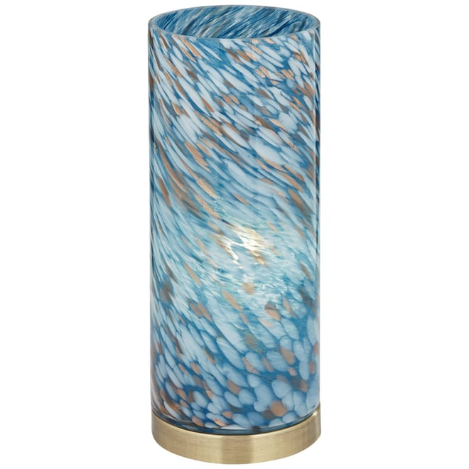 Modern Coastal Accent Table Lamp 13 1/2" High Brass Blue Art Glass Cylinder Shade for Bedroom Living Room Nightstand