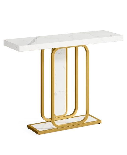Modern Gold White Console Table with Led Lights, 41.3 Inch Entryway Hallway Foyer Accent Table with Faux Marble Veneer for Living Room, Ent
