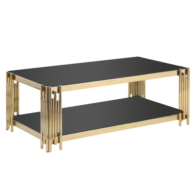 Golden Stainless Steel Double Layer Coffee Table With Black Glass Top