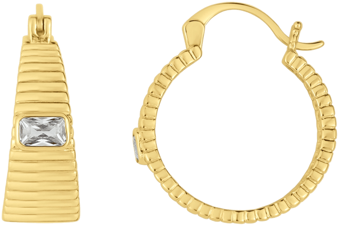 Cubic Zirconia 18K Gold Plated Ribbed Texture Hoop Earring