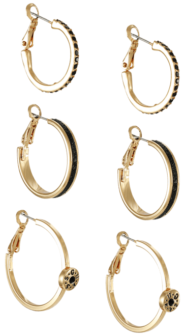Gold-Tone 3-Pc. Set Jet Pave & Glitter Hoop Earrings